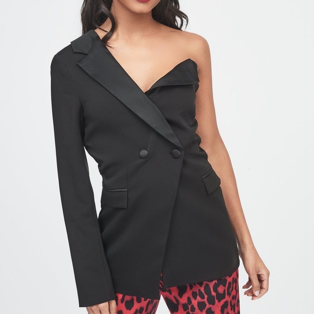 Lavish Alice One Shoulder Tailored Blazer Top in Black, Size US 4
